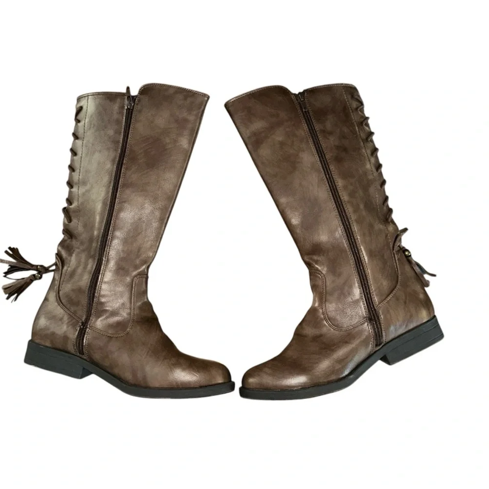 London‎ Fog Big Girls Brooke Riding Boots Size 5 Rear Lace Up Side Zip Brown
